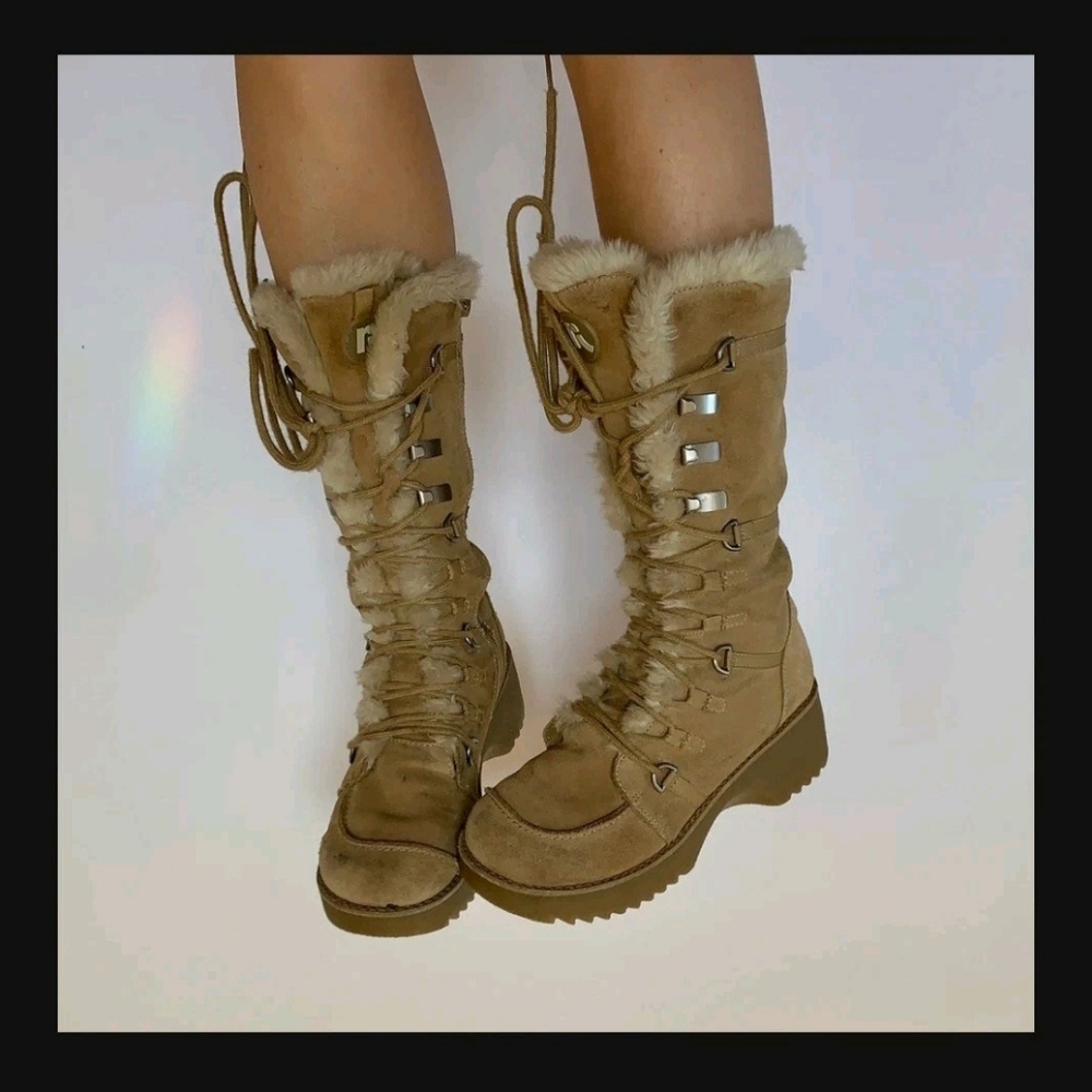 Y2K Report Icon Womens Lace-UpTan Suede Boots Faux Fur Size 8